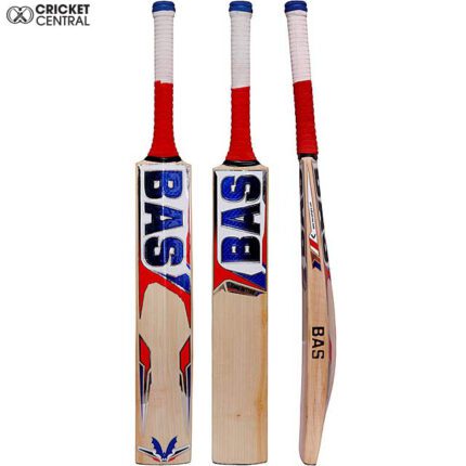 Red and blue english willow cricket bat from Bas Vampire