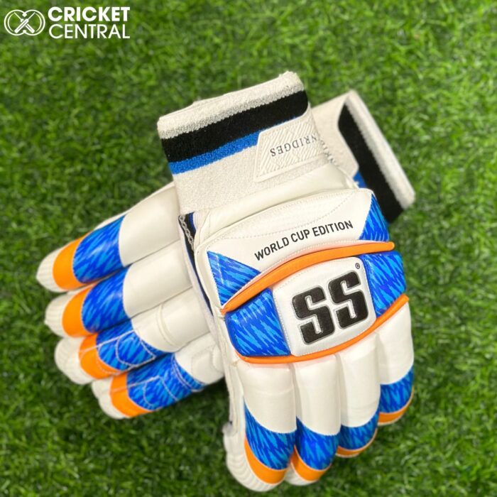 SS Super Test Batting Gloves World cup Edition in white blue and orange