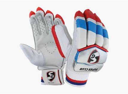 SG Super Club Batting Gloves in white blue and red